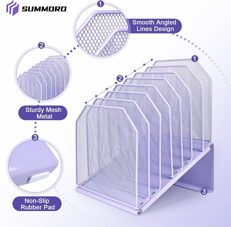 SUMMORE Inclined File Organizer for Desk, 7-Tier Vertical File Folder Holder Office Desk Organizer Metal Rack File Wire Mesh Desktop Document Sorter for Office School Classroom Home (Purple) - Image 5
